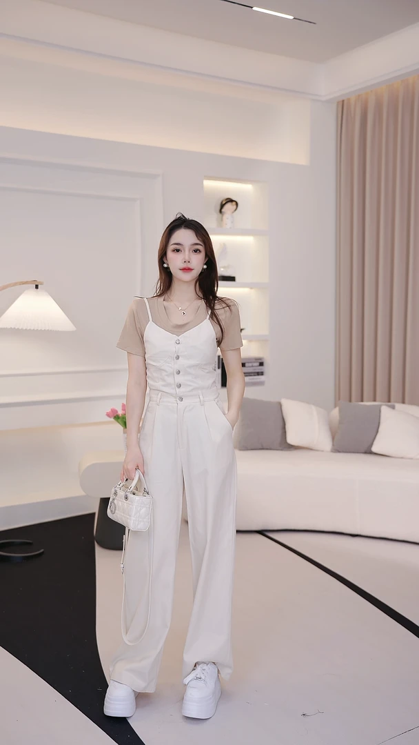 (MANMAN)白色背带裤装两件套