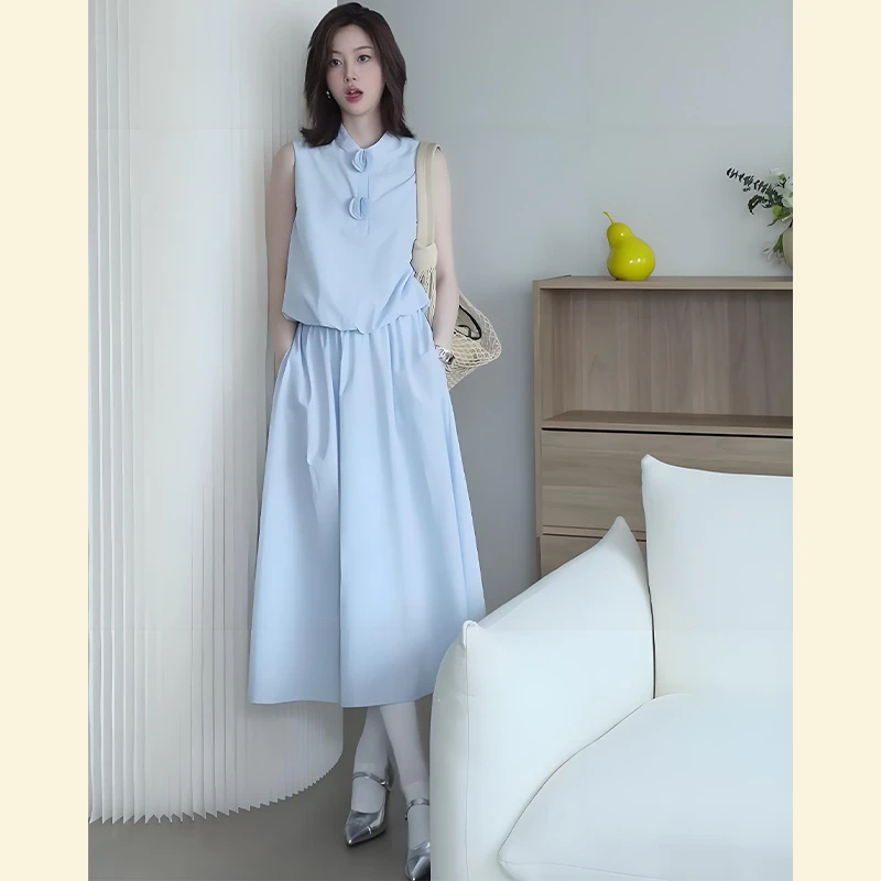 2025夏季新款夏日ootd穿搭漂亮小香风蓝色无袖上衣半身裙两件套装