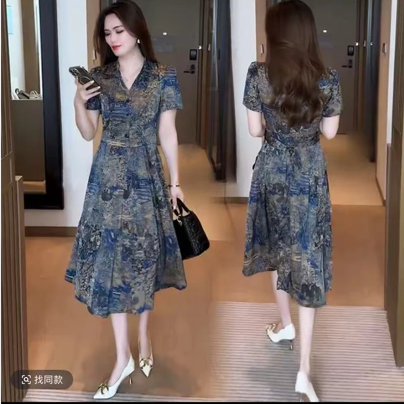 高级感碎花夏季新款气质收腰显瘦中长款连衣裙22003#