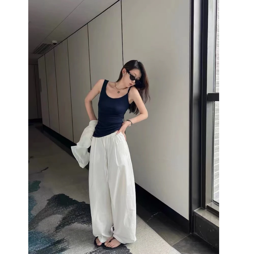 chao级推荐！极简白色抽绳阔腿裤女春夏2025新款抽绳宽松休闲长裤