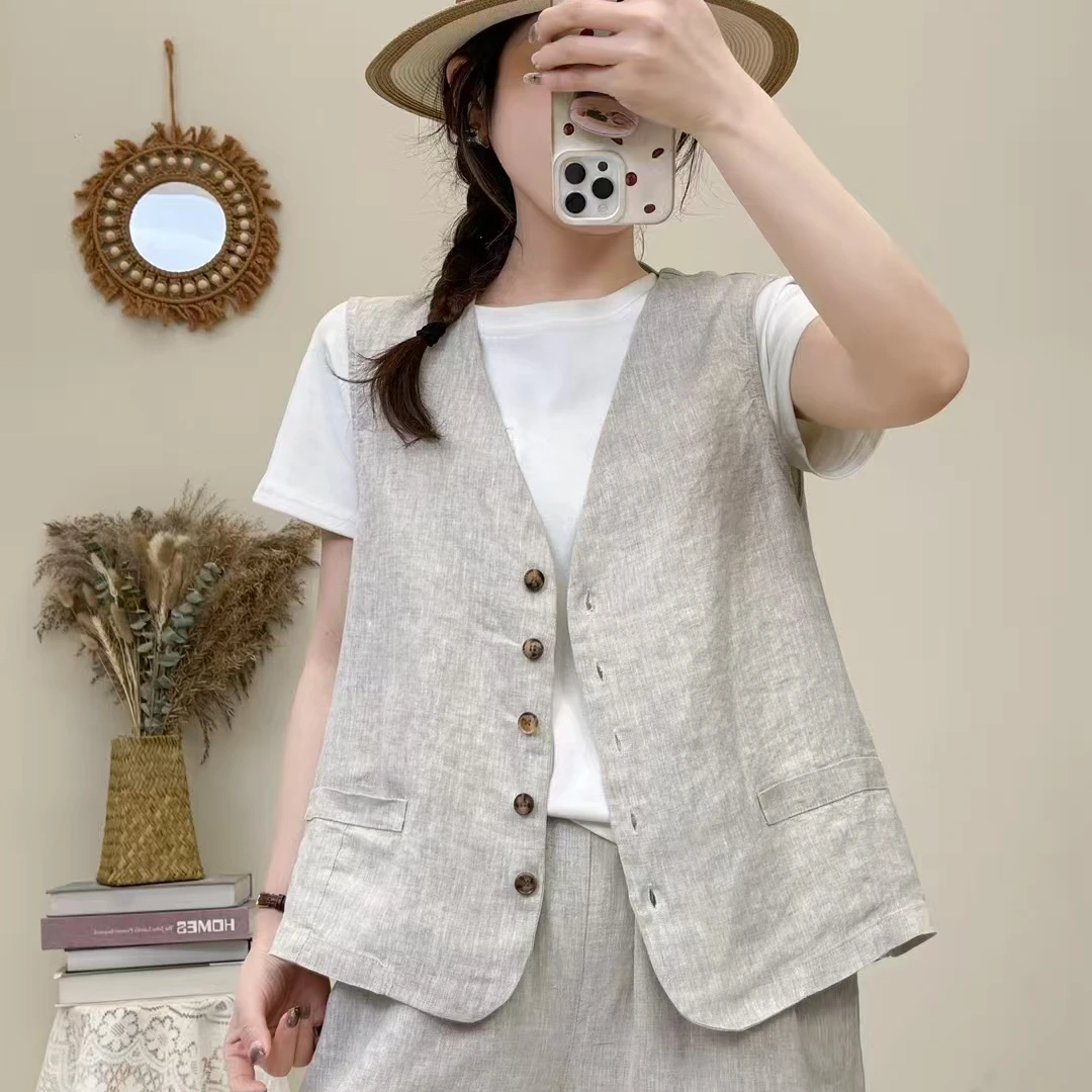 大版薄款时尚百搭通勤风V领女马夹外搭马甲春夏韩版纯色休闲上衣