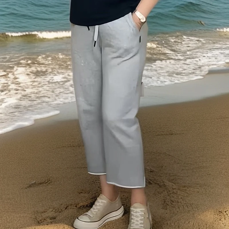【禾女服饰】240662夏季圈棉毛边8分休闲裤