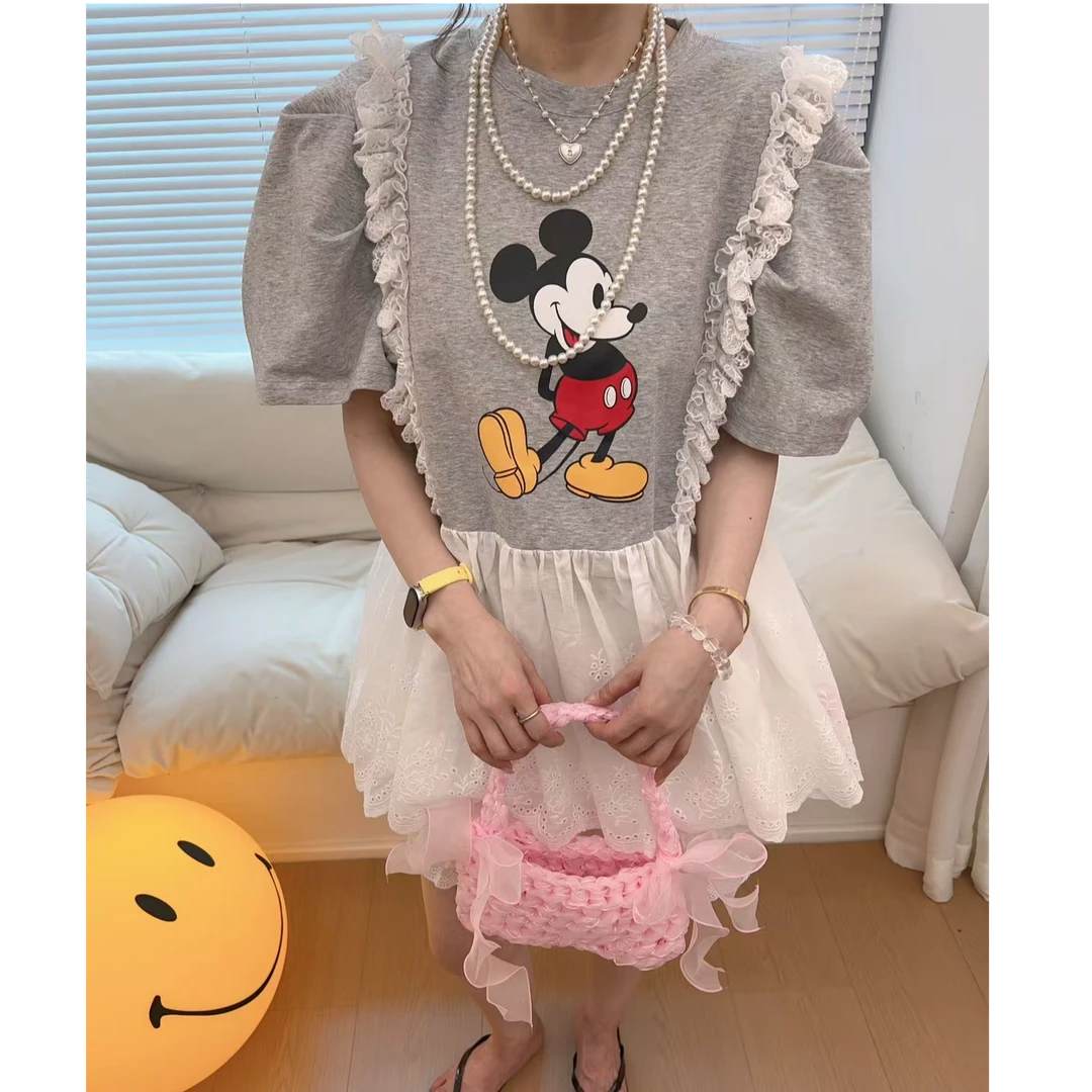 【钱呼呼】2025夏季新款小众韩系设计花边高腰款泡泡袖圆领T恤女