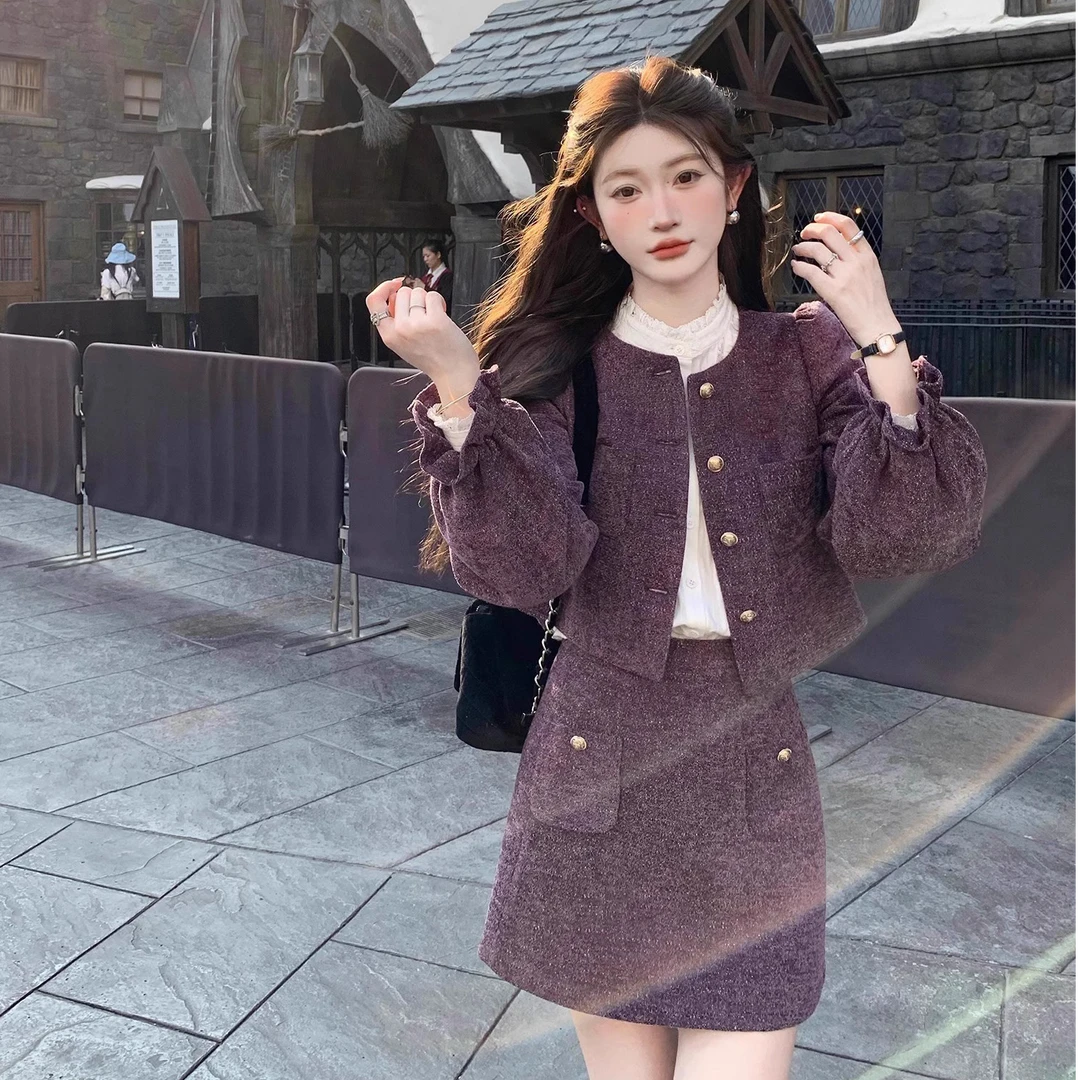 【朵拉】微胖大码小香风套装女秋冬季气质短外套+半身裙两件套