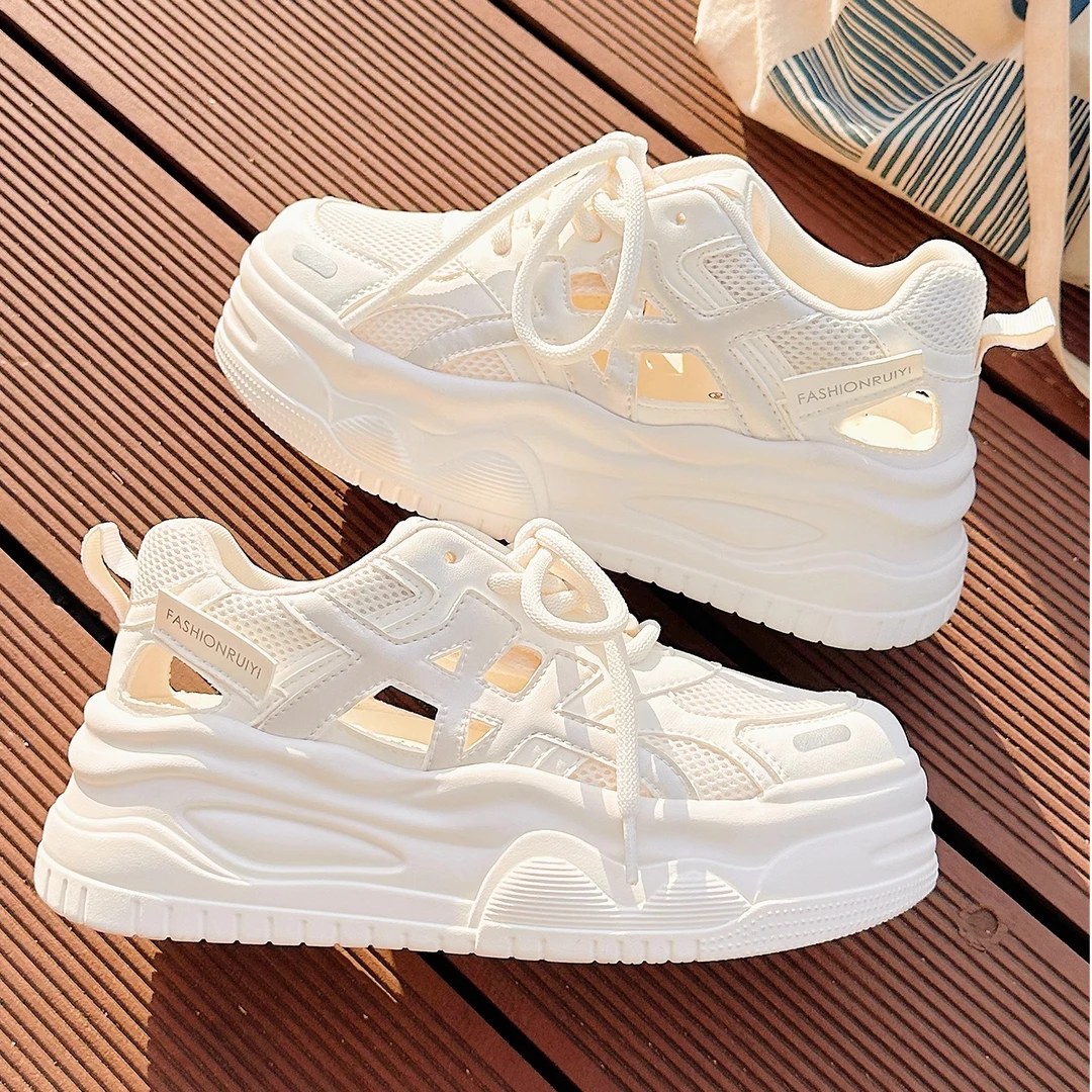 厚底增高小白鞋女2025新款夏季透气镂空鞋子配裙子厚底运动休闲鞋