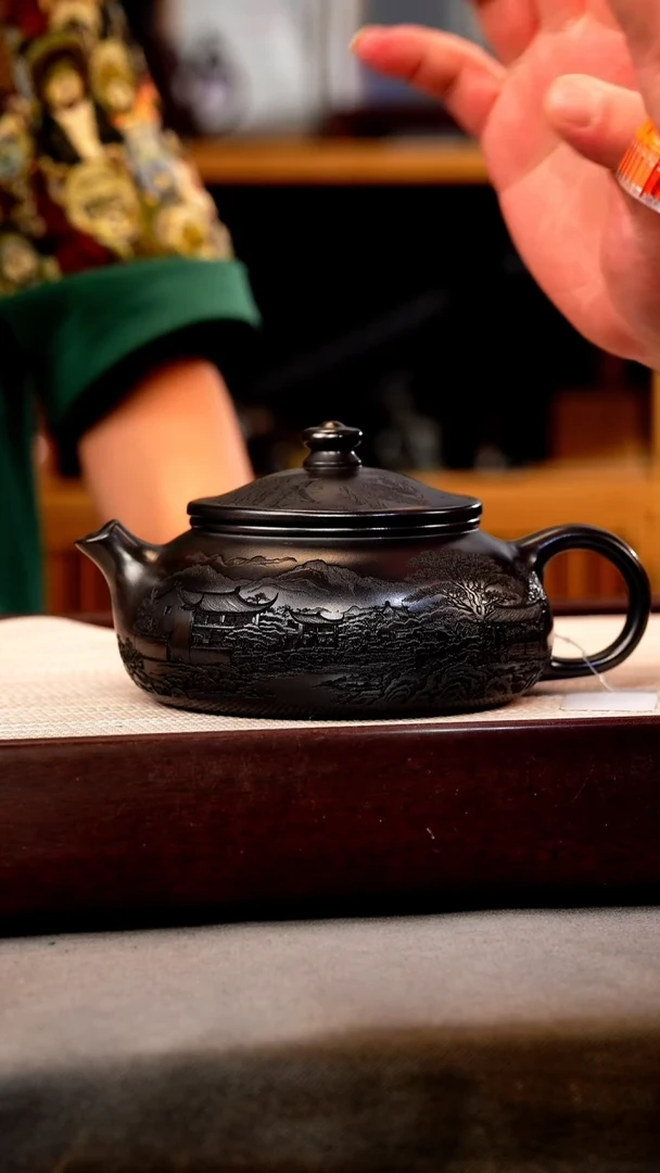 茶壶紫砂石黄 大寒江 刻绘