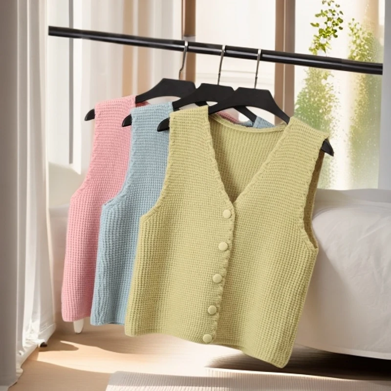 新款短款宽松V领叠穿无袖毛衣外套马甲女针织背心春秋季爆款马夹