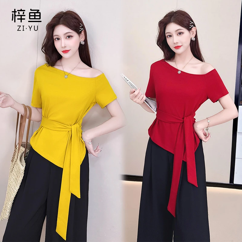 浅色不规则斜肩短袖T恤2025夏季设计感收腰系带露肩上衣裤子套装