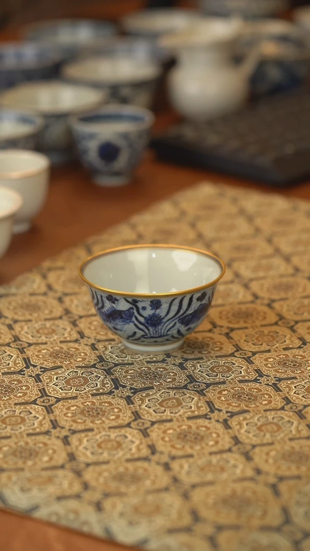 杯子舜瓷浅海水鱼藻描金杯