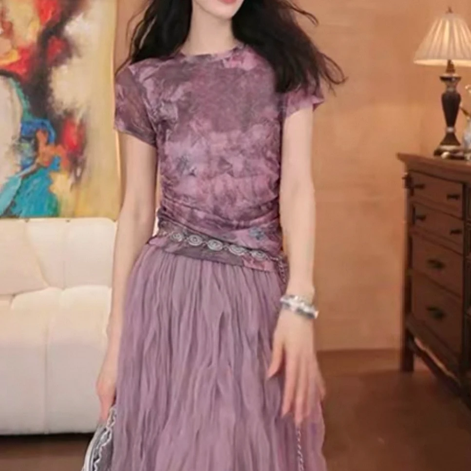 2025夏季新款设计感紫色扎染短袖T恤女时尚百搭修身潮流显瘦上衣