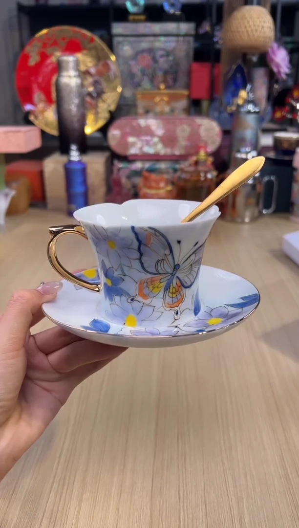 45青花蝴蝶咖啡杯碟