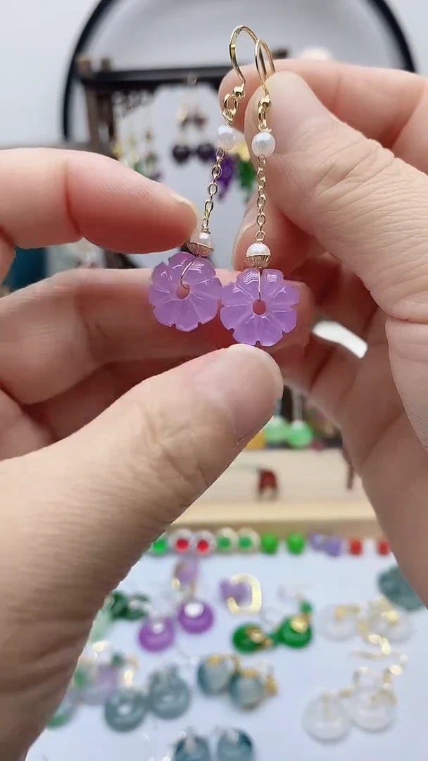 14K金镶嵌石英质玉（天山翠）耳饰266