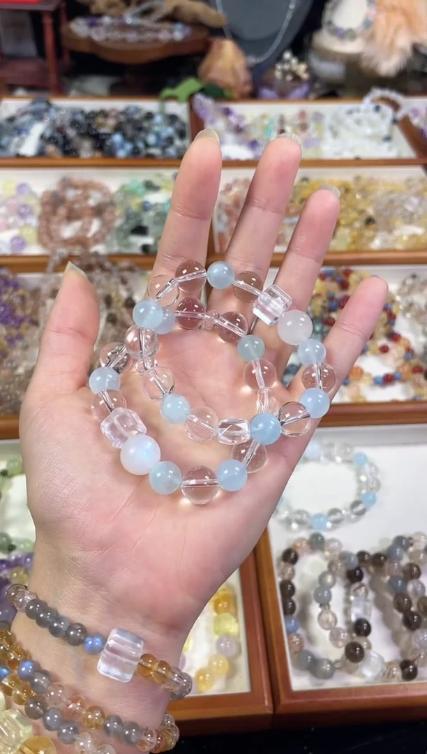 未镶嵌手串水晶天然透体白水晶海蓝宝蓝月光手串