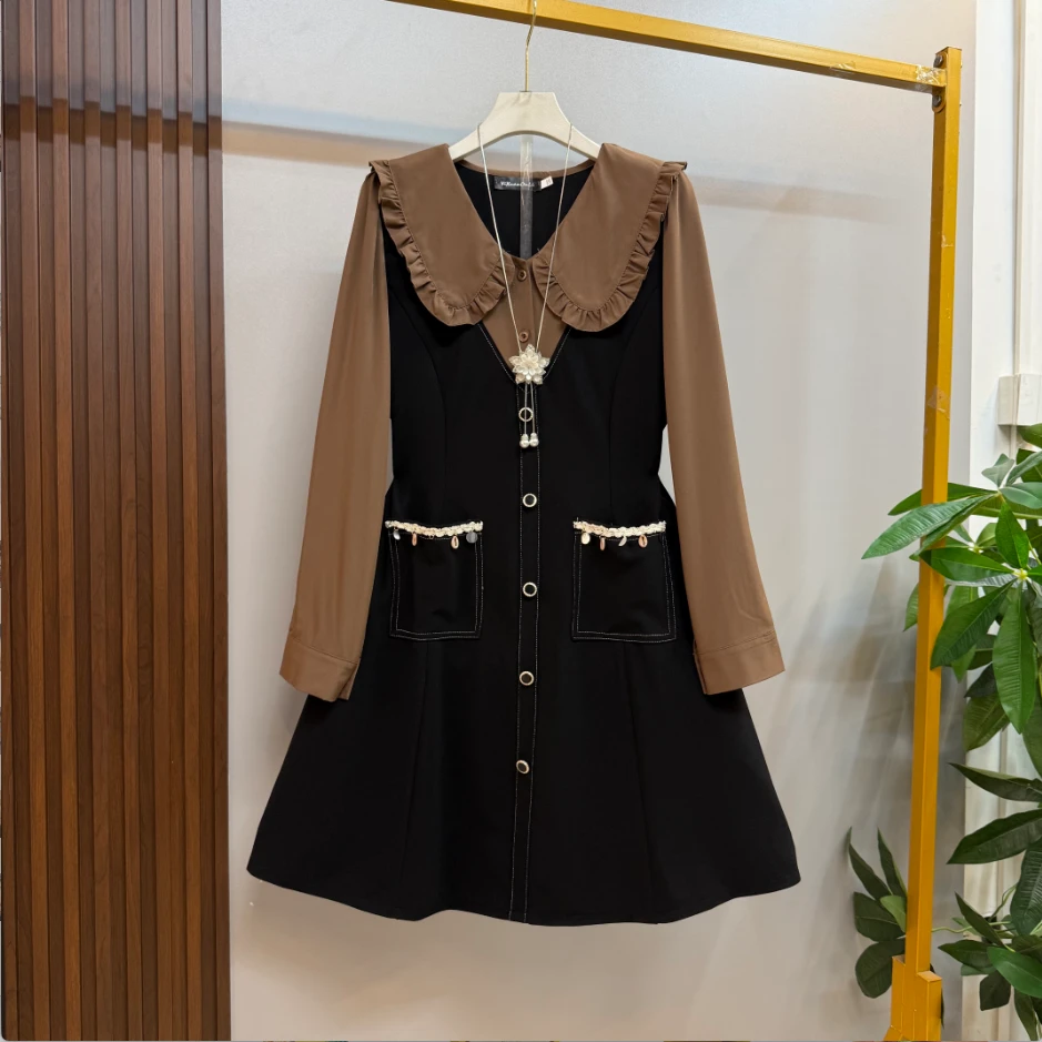 早秋新款时尚洋气甜美减龄欧若假日风假两件拼接显瘦大码连衣裙