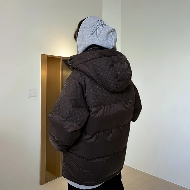 24年冬季新款暗纹老花连帽羽绒服外套 潮流面包服 明星网红同款