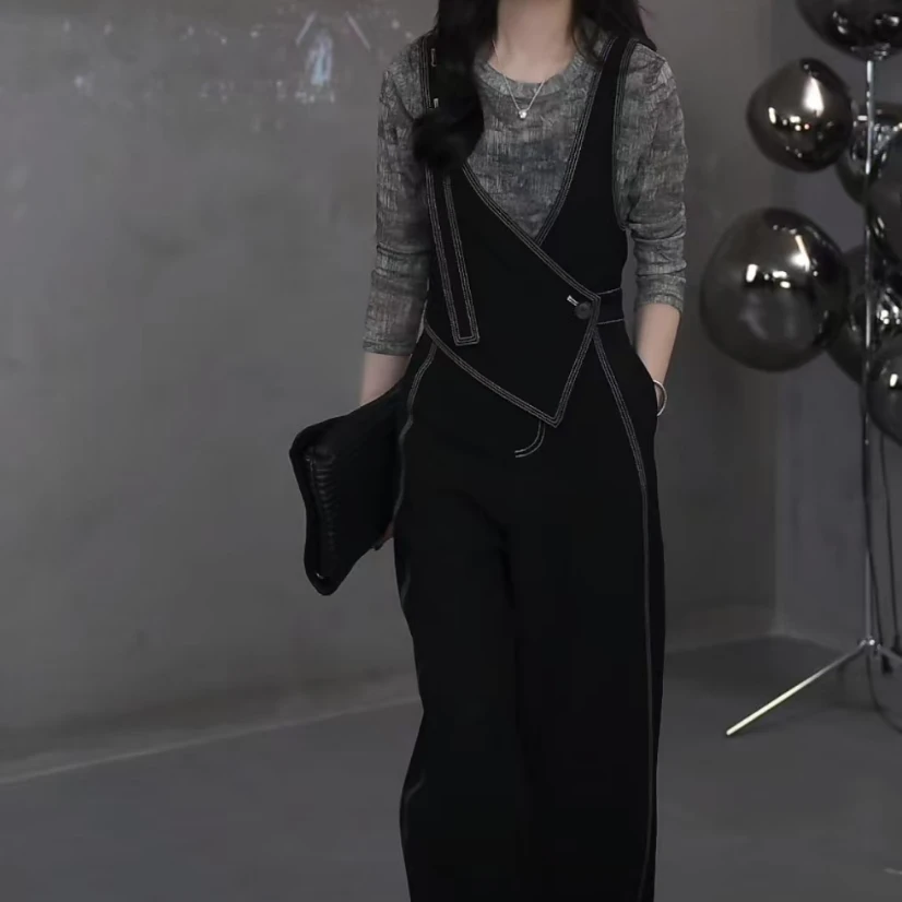 时尚重工设计师双肩带酷飒风纯色显瘦连体裤