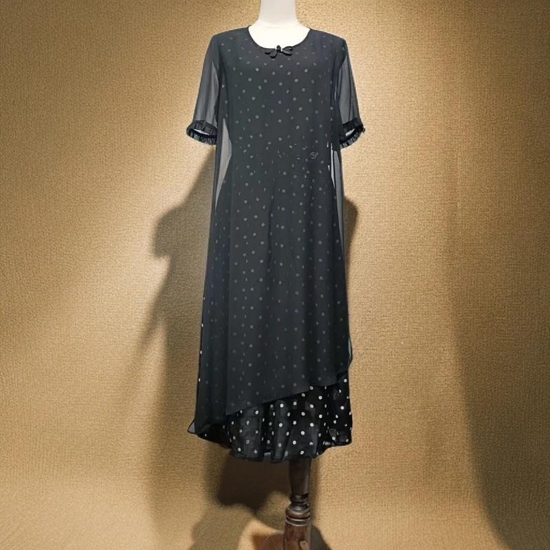 夏季圆领设计感波点拼接连衣裙A029