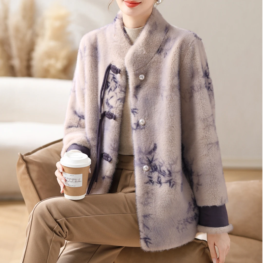 妈妈春装新款厚外套仿貂绒大衣皮毛一起洋气阔太太中老年人女装