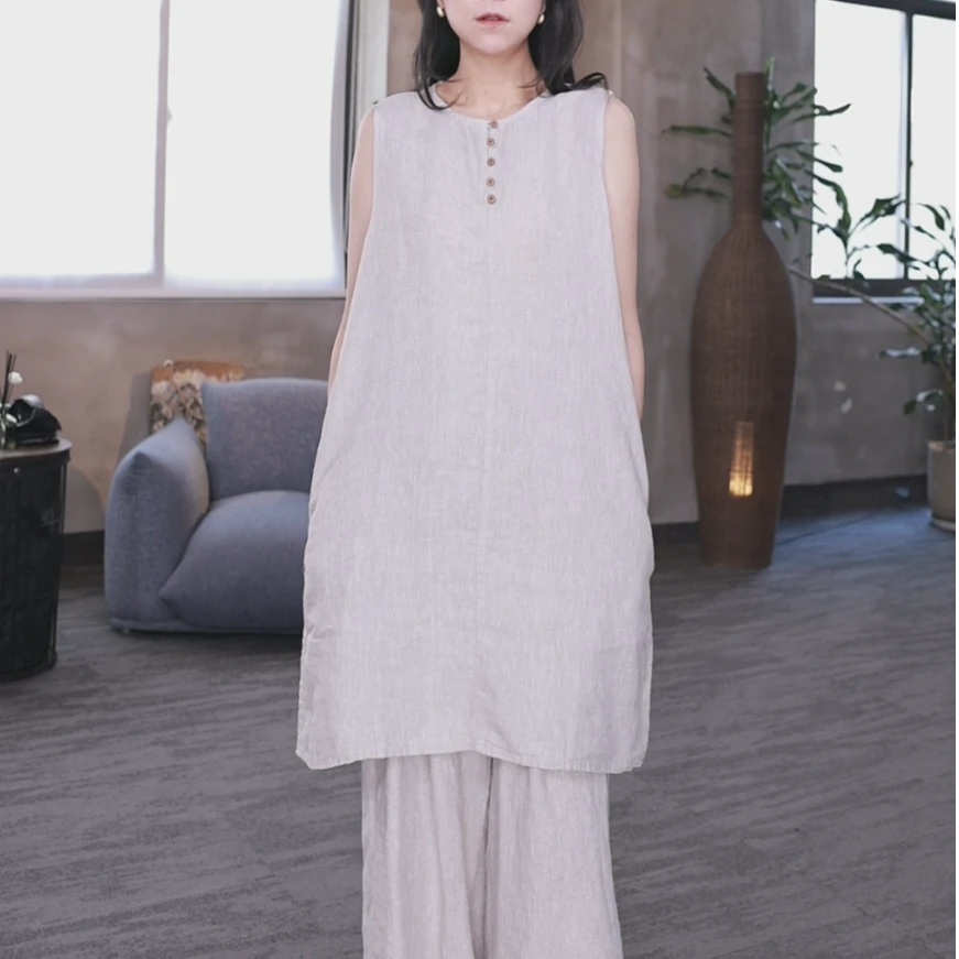 东倪MF 夏季新品亚麻无袖半开领背心连衣裙女长裙气质 85B55899