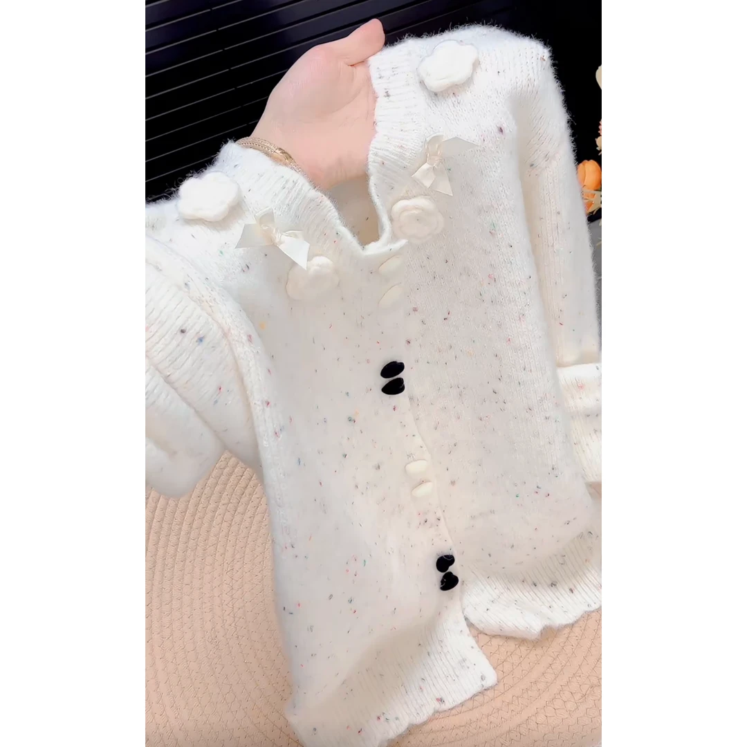 韩系chic立体花朵设计感针织开衫女2025秋季新款彩点宽松毛衣外套