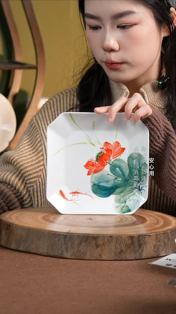 瓷八方来财---景德镇高温手绘釉下彩18*18八角盘莲莲有鱼