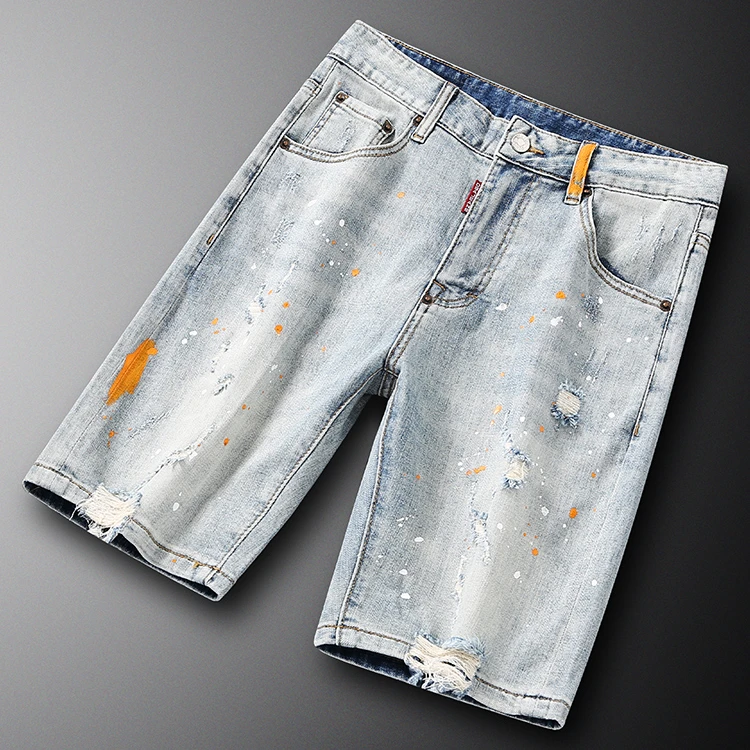 巴康波劳2025夏季漆点破洞牛仔短裤男薄五份修身个性刮烂乞丐痞帅