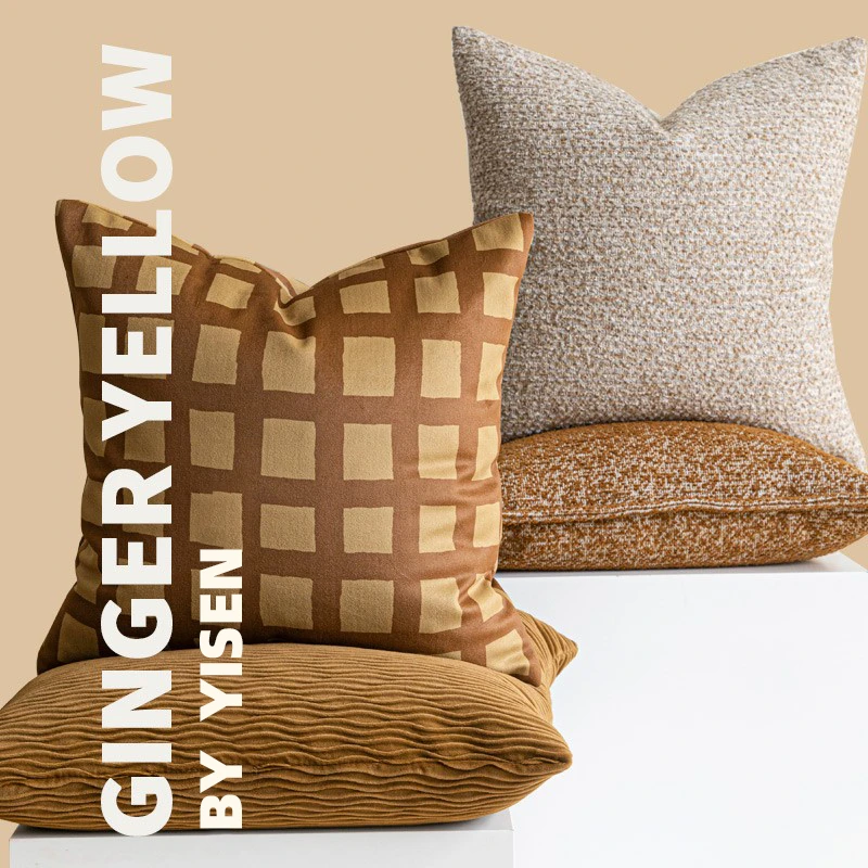 姜黄色肌理沙发抱枕搭配中古风软装客厅沙发靠垫腰枕样板间民宿
