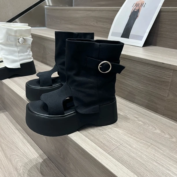 欧货牛仔布露趾松糕厚底凉靴短靴女百搭小个子增高裤管靴马丁靴潮