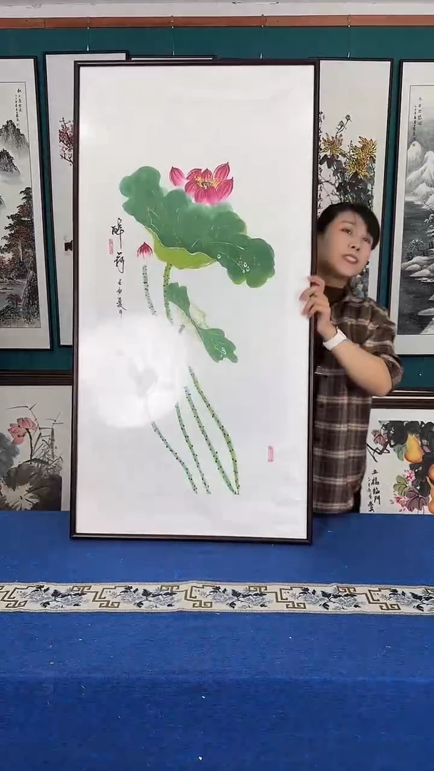 国画荷花实木装裱63*123