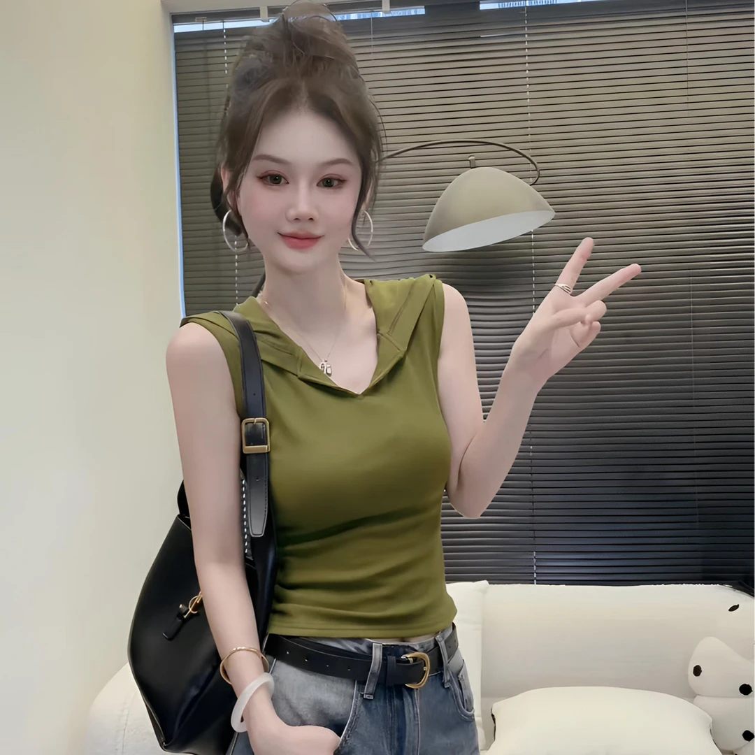 【DXJ家定制】夏季纯色新款连帽大V领设计显瘦修身背心T恤A156