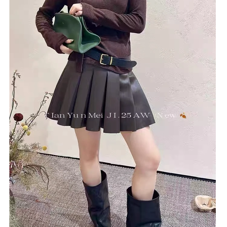 【TIANYUNMEIJI】设计感百褶裙高腰减龄A字皮短裙 16686