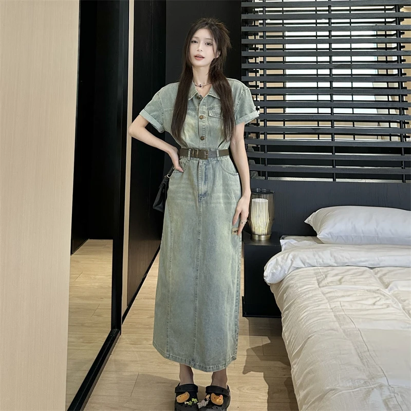 大码复古港风做旧polo领短袖牛仔连衣裙女春夏季收腰显瘦气质裙子