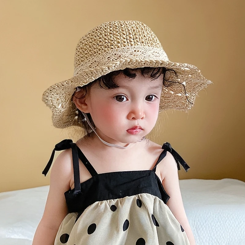 儿童防晒帽夏季出游太阳帽沙滩度假户外遮阳帽女童甜美手工编织帽