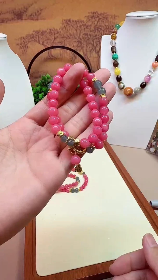 14K金镶嵌菱锰矿（红纹石）手串S261