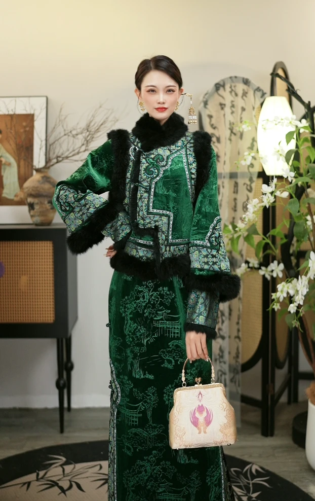 星多嫣2025冬季时尚绿色中式加绒秋冬复古女装裙子（2444+2454）