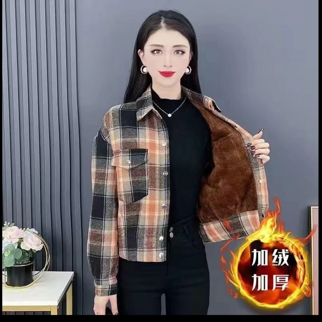 2025美拉德穿搭女加绒短外套小个子休闲格子外套