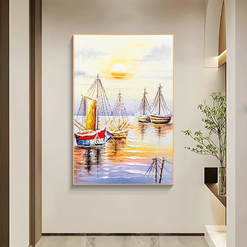 一帆风顺玄关装饰画美式走廊过道挂画竖版餐厅客厅风景船80120