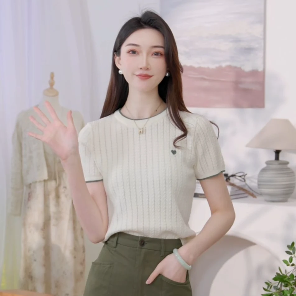 【商场同款】茵曼秋季时尚休闲百搭圆领撞色针织衫显瘦短袖上衣女