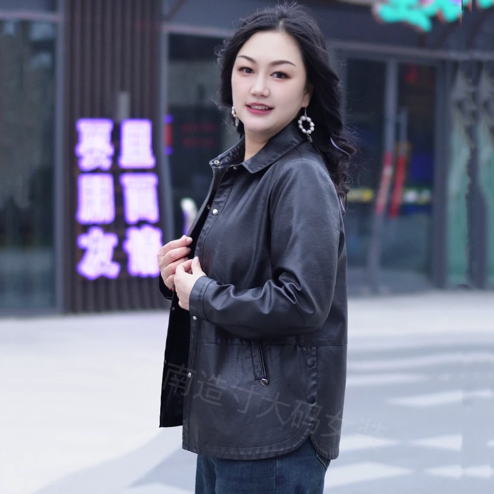 大码皮衣【100–220】圆角设计春季新款修身显瘦女装洋气妈妈装8506