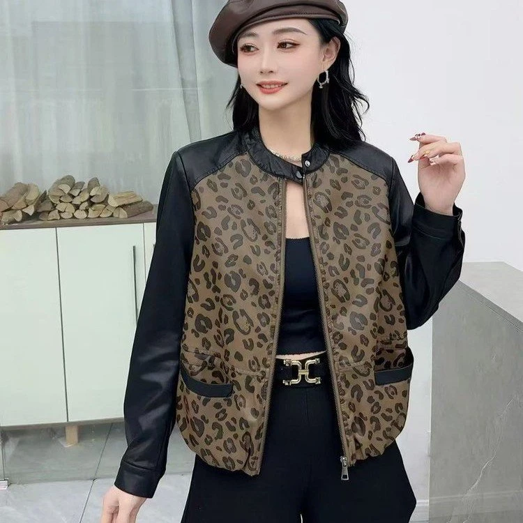 豹纹皮外套女40-50岁时髦女士春秋皮夹克高级时尚款拼接皮夹克