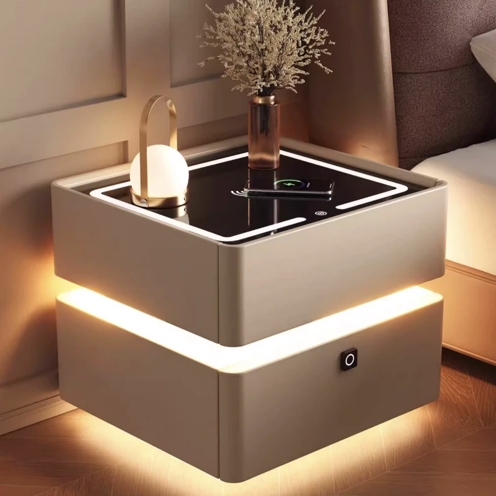 智能悬浮轻奢简约床头柜带灯一体感应灯2025新款卧室实木密码锁