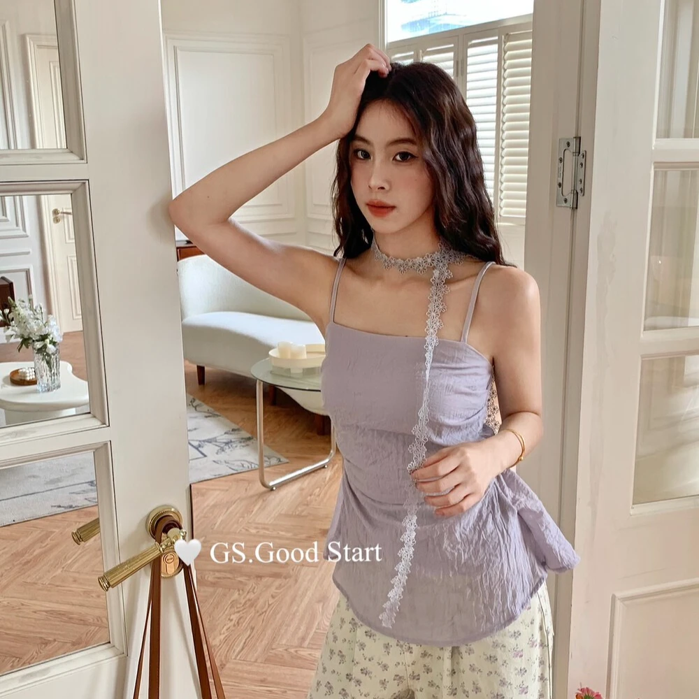 夏季气质简约收腰多色吊带背心(配飘带)