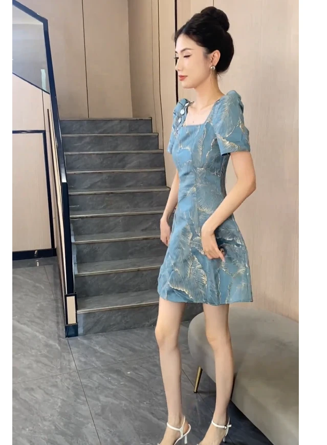 2025气质水蓝国风高雅显瘦百搭修身时尚夏季连衣裙XLB501601