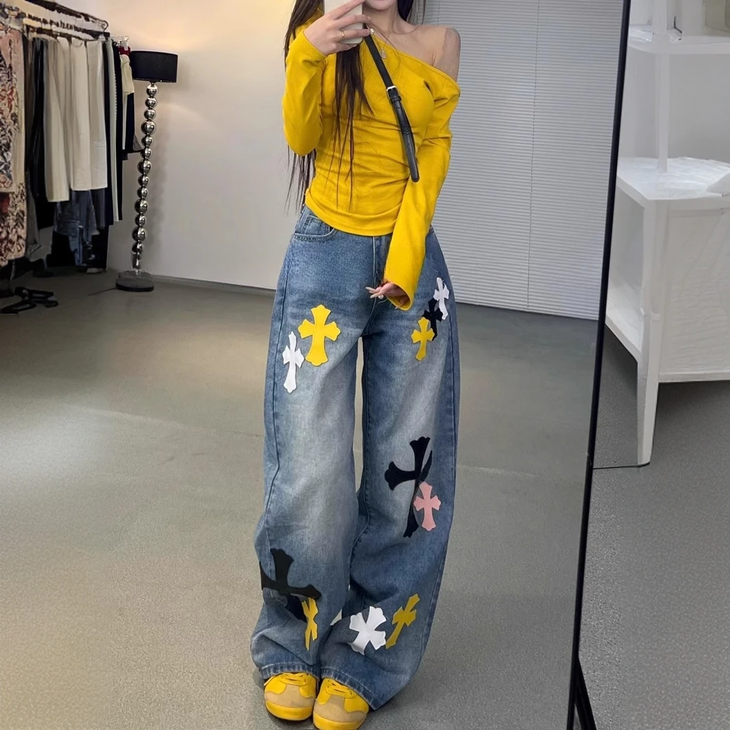 美式辣妹彩绘十字架拼接牛仔裤子女2025夏街头设计感印花拖地长裤