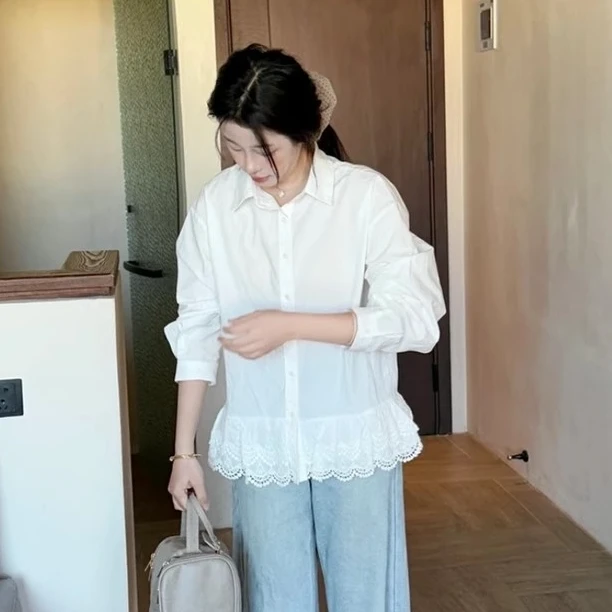 纯棉韩版白色高密镂空刺绣设计感小众衬衫女休闲宽松显瘦气质衬衣