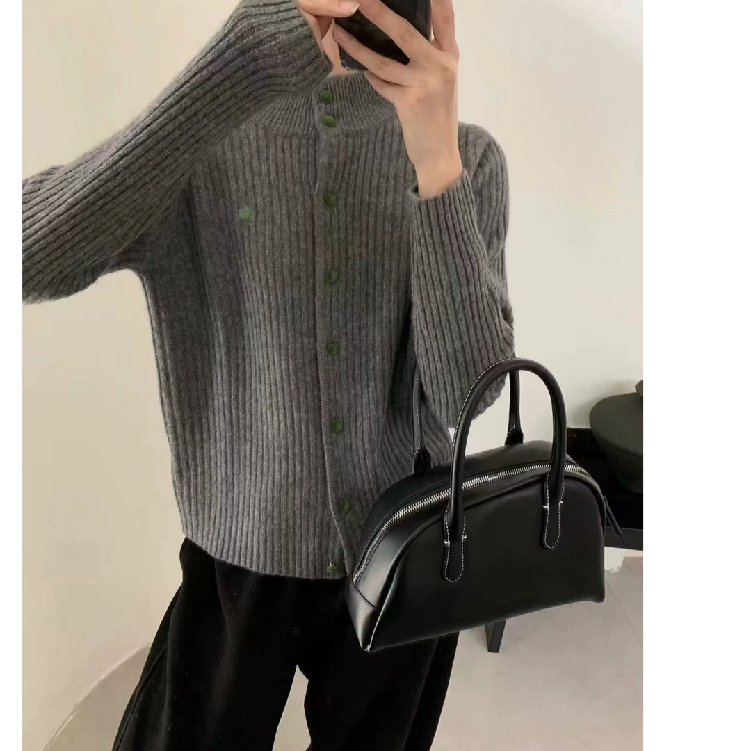 碳灰绿~秋冬休闲半高领爱心长袖针织开衫设计感针织衫