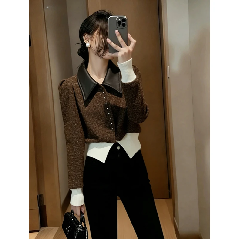 复古风松弛感高级感慵懒POLO单排扣拼色咖色上衣女2025冬毛衣开衫