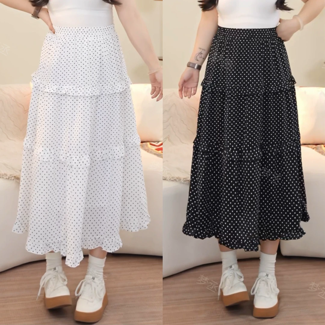 梦丞【皎洁月光】大码女装高腰荷叶边蛋糕裙温柔百搭甜美波点半身裙