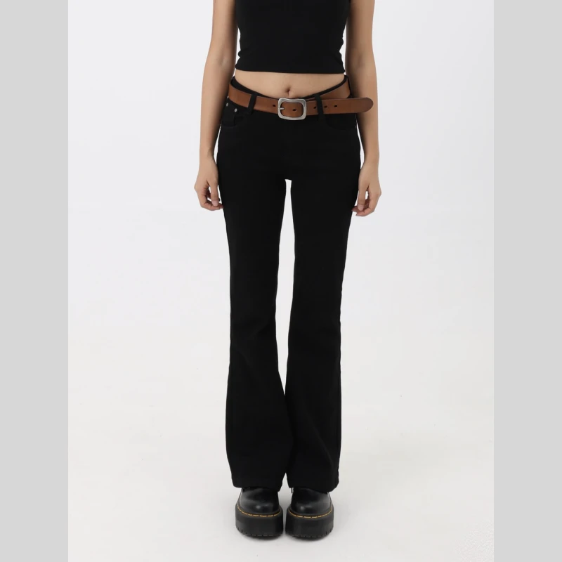 MIMIETTE小个子修身显高微喇百搭高弹力牛仔裤25春新款黑色裤子