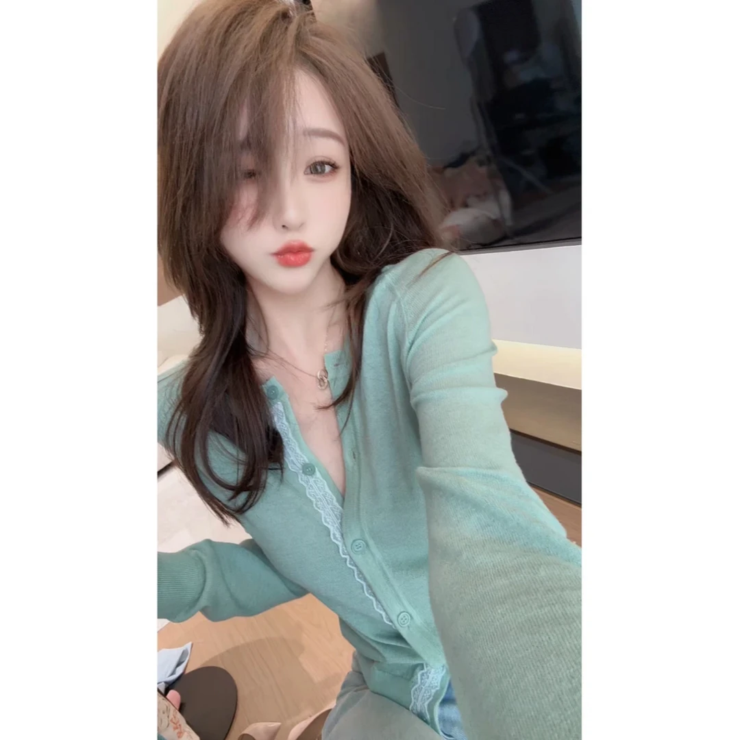 韩系25春夏绿色长袖开衫针织衫女宽松慵懒风圆领薄款防晒衫上衣